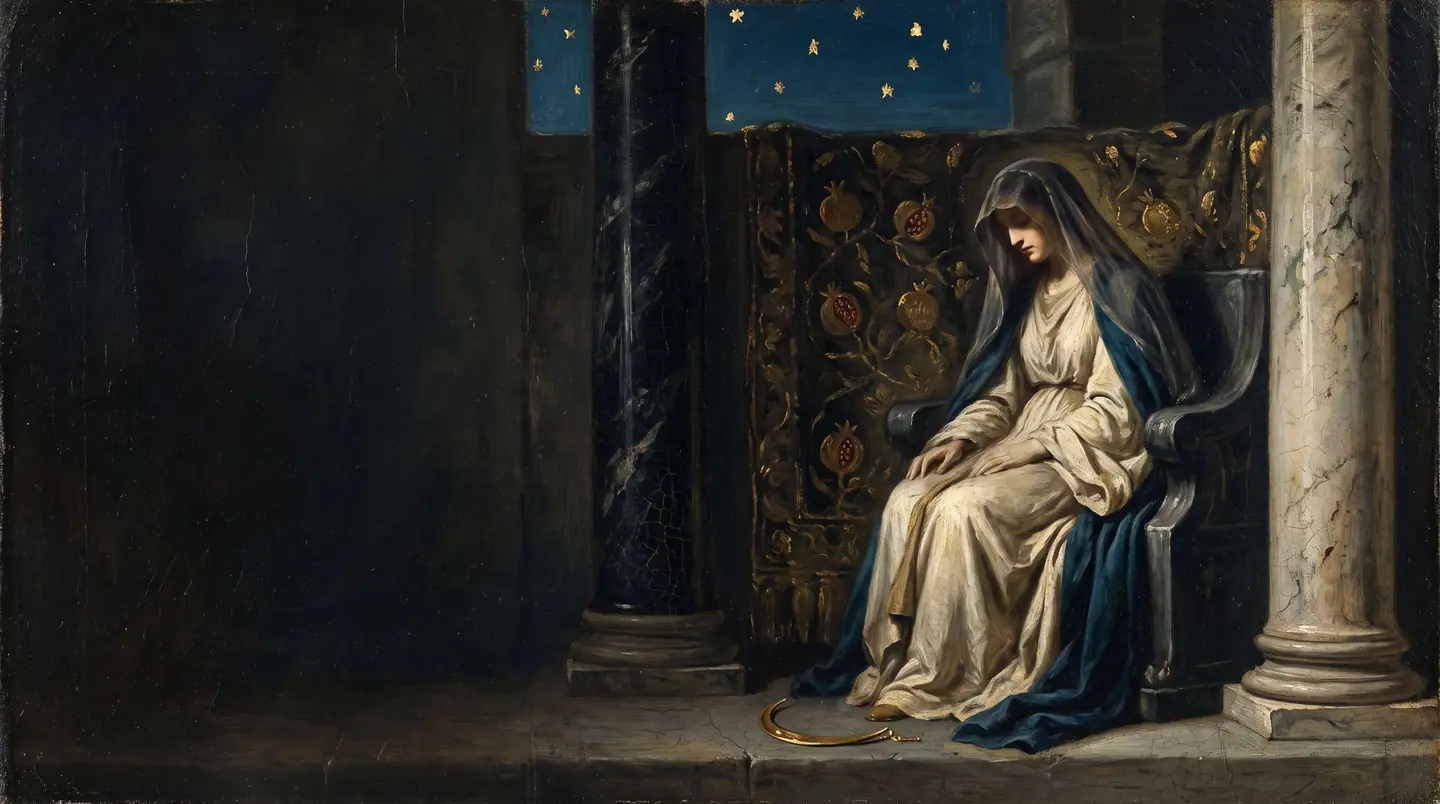Gemälde im klassischen Stil: eine Priesterin auf einem Thron zwischen einer dunklen und einer hellen Säule, zu ihren Füßen eine Mondsichel, darüber ein Sternenhimmel