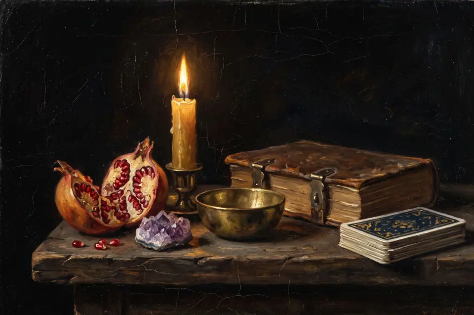 Stillleben: Kerzen, Amethyst, Bergkristall, ein altes Buch und ein Kartenstapel mit der Rückseite nach oben